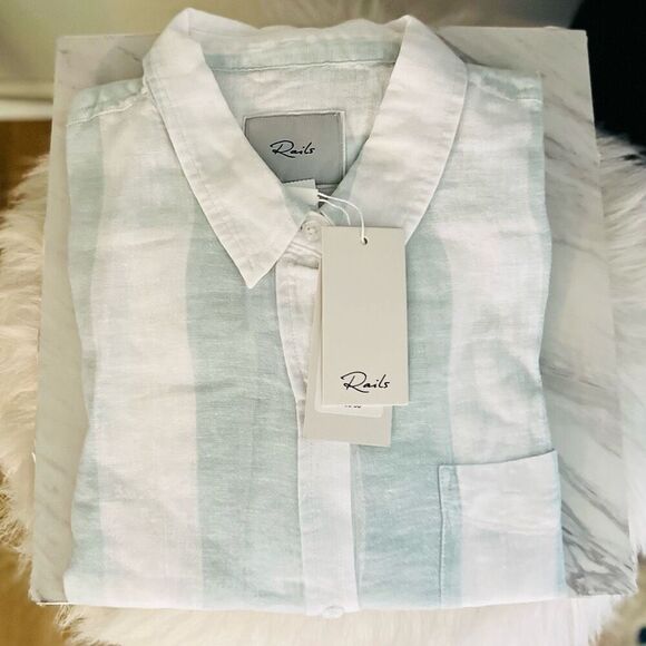 RAILS Women's Charli Awning Stripe Linen Blend Blouse, XL (14),‎ White/Blue, NWT - Picture 6 of 15